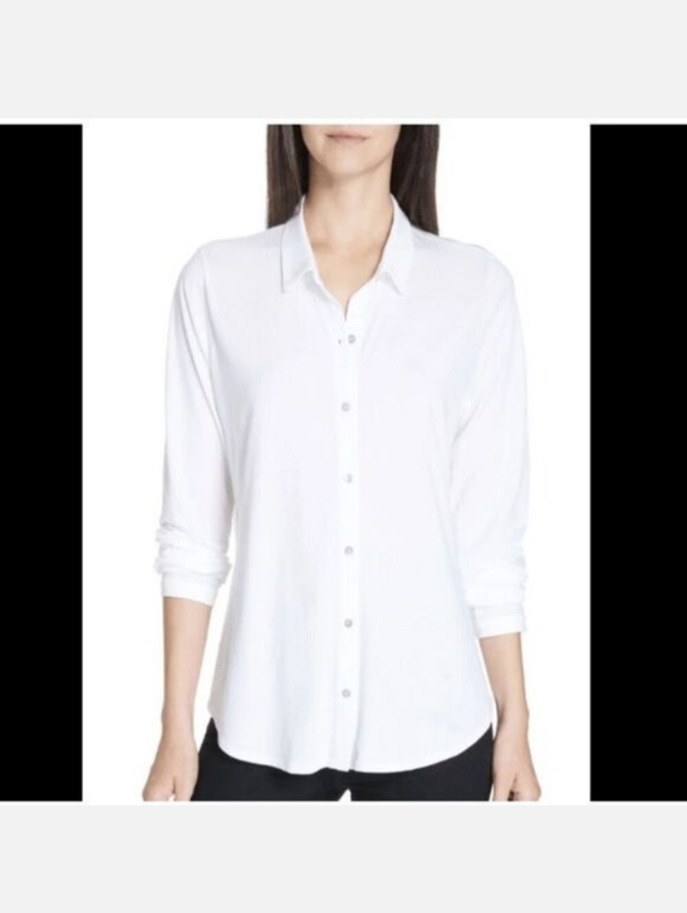 NWT: EILEEN FISHER; PETITE WOMENS LONG SLEEVE,BUTTON-UP, COLLAR JERSEY SHIRT!